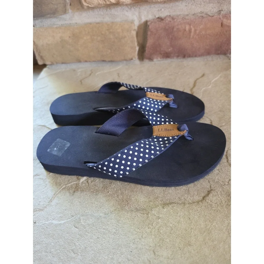 LL Bean Maine Isle Flip Flops Womens Size 10 Nautical Polka Dot Sandals - Picture 3 of 7